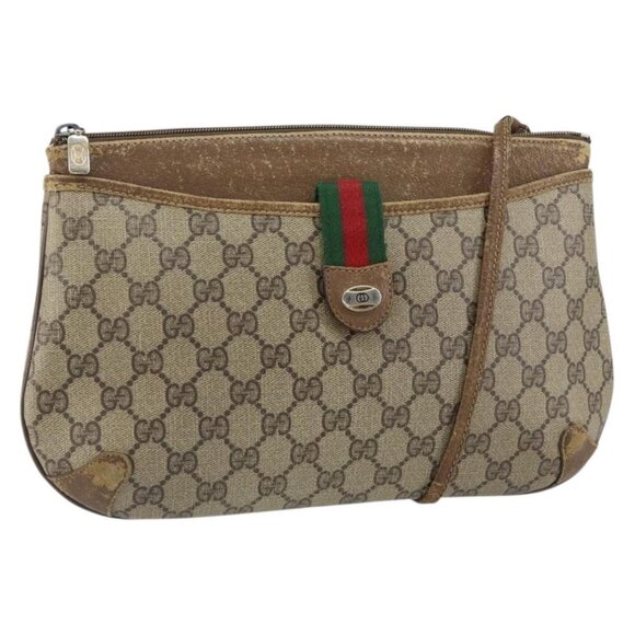 Authentic GUCCI GG Supreme Web Sherry Line Bag PVC Beige Gold Red 904 02 026
